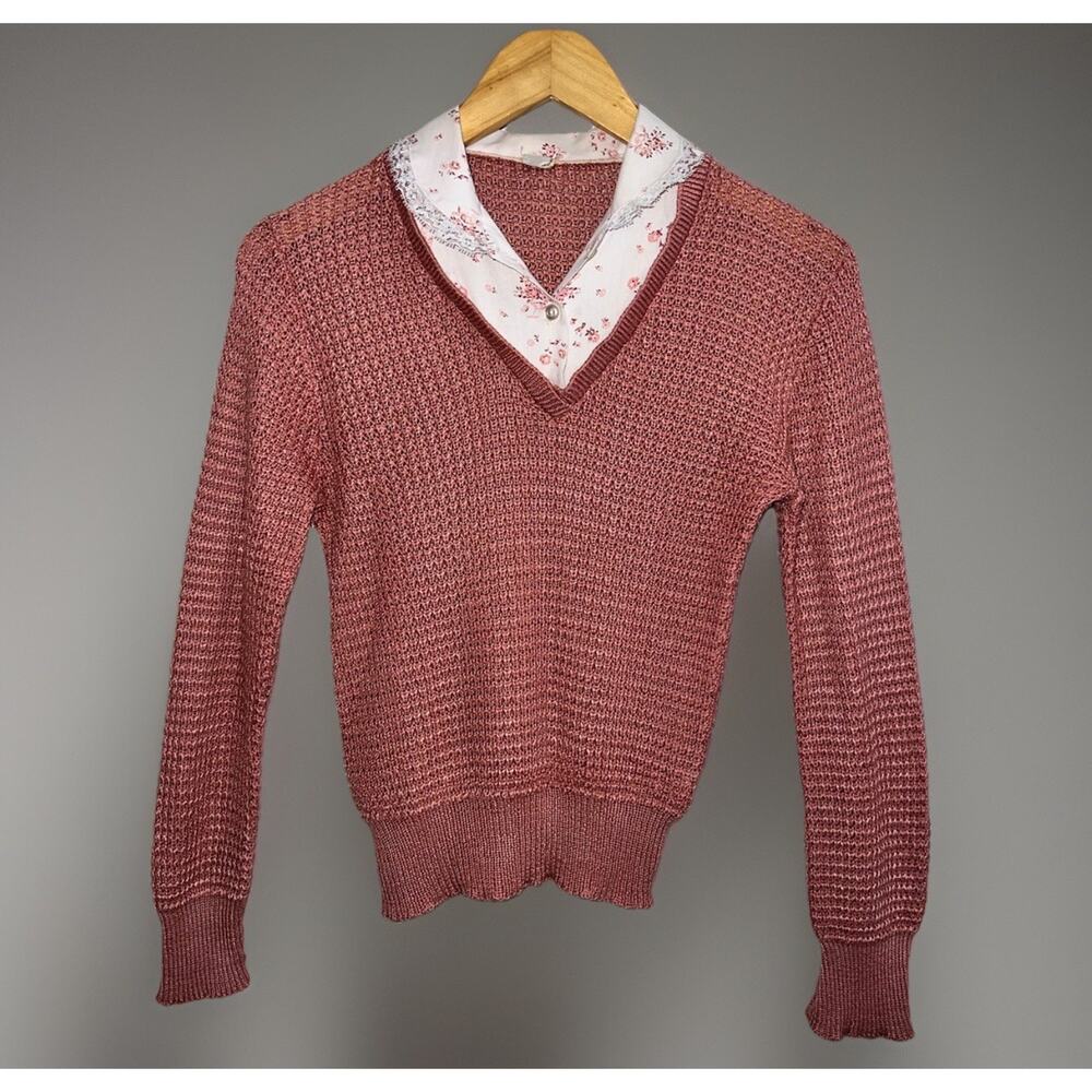 VTG 70s 80s Sweater Rose Pink Soft Geek Chic Faux Layer Floral Blouse Sz S/M